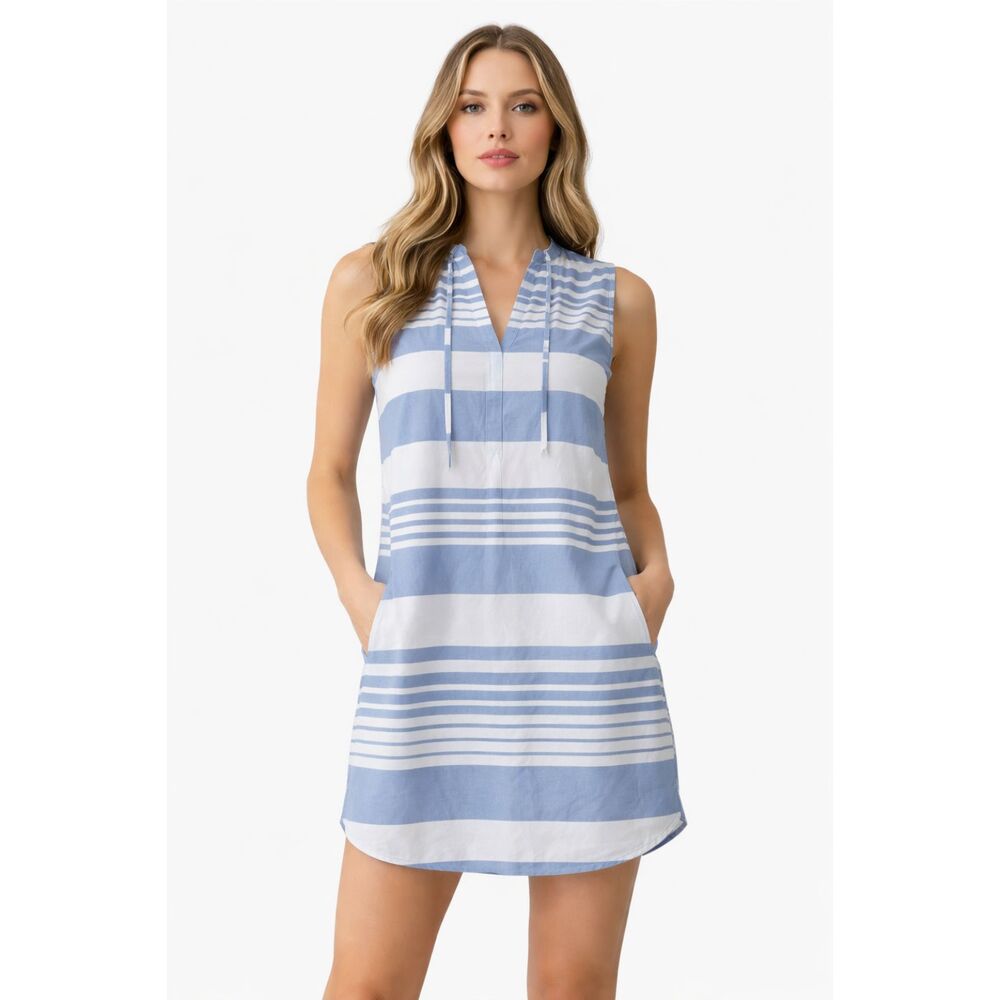 PrAna Women’s Sleeveless Athleisure Dress with Pockets White & Blue Striped – S